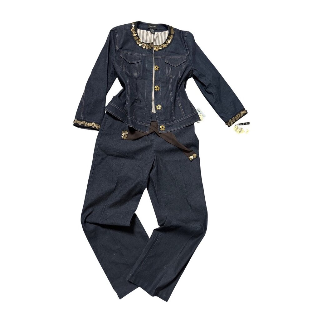 Vtg Focus 2000 Womens Denim 2-Piece Pant Set W/ Embroidered Trim Sz14 Y2k Artsy